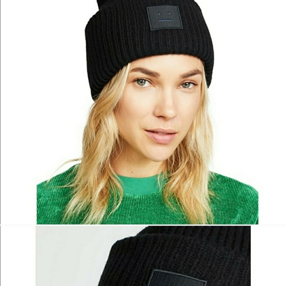 Acne Studios all black rib knit beanie hat is made